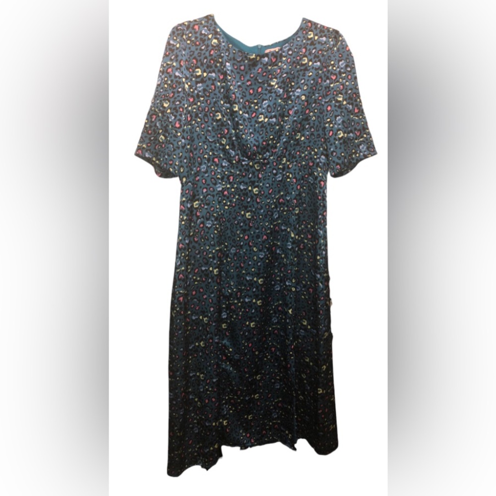 Pixie Daisy Teal Satin Midi Maxi Dress Short Sleeve Animal Print Sz 14 EUC